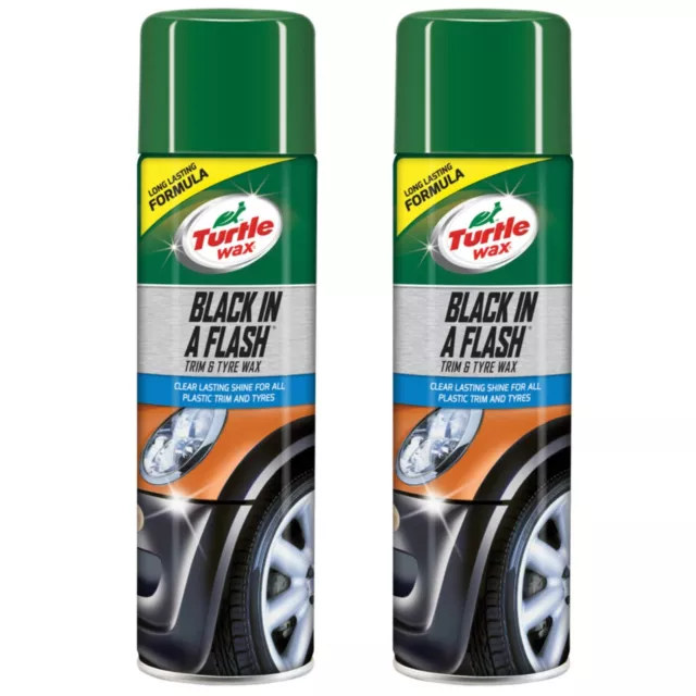 2 x Turtle Wax Black In A Flash 500ml Aerosol Trim Tyre Shine Car Plastic Clean