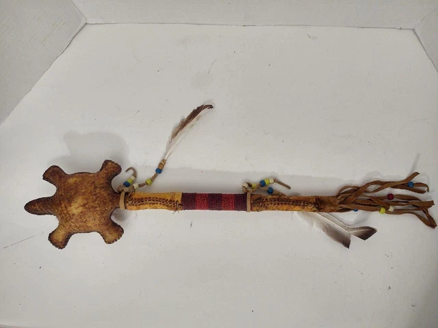 Turtle Shaped Hide Beaded Native American Rattle Stick