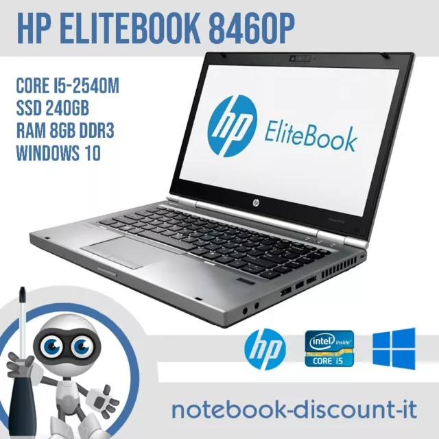 HP EliteBook 8460p Core i5-2540m Ram 8gb SSD 240gb Win 10 Notebook 14" GRADO A-