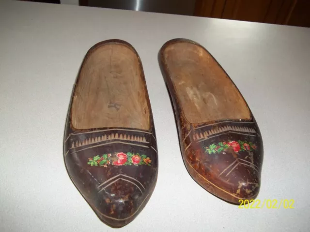 Vintage French ? Dutch ?  Wooden Clogs, Hand Carved Wood with flowers 