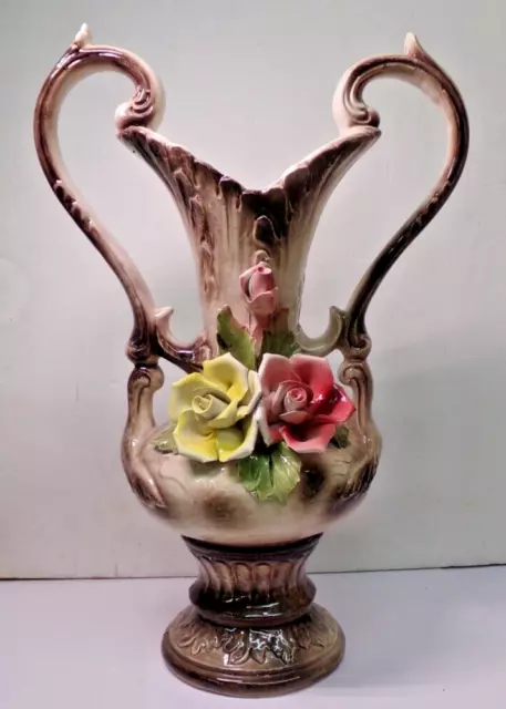 Vintage CAPODIMONTE italy Porcelain Vase with Flowers Two Handled 15" tall NICE!