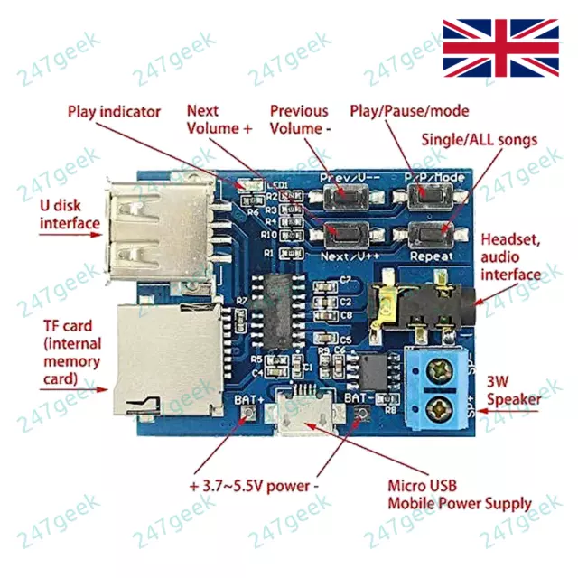 🇬🇧 MP3 player module USB TFcard TFcard microSD slot