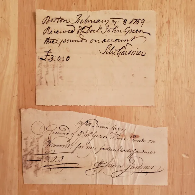 DR Silvester Gardiner (2) SIGNED Medical APOTHECARY Receipts 1757 – 59 / BOSTON