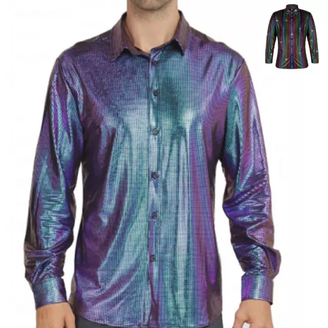Mens Beach Casual Button Down Colorful Gradient Disco Shirt Short Sleeve Shirts