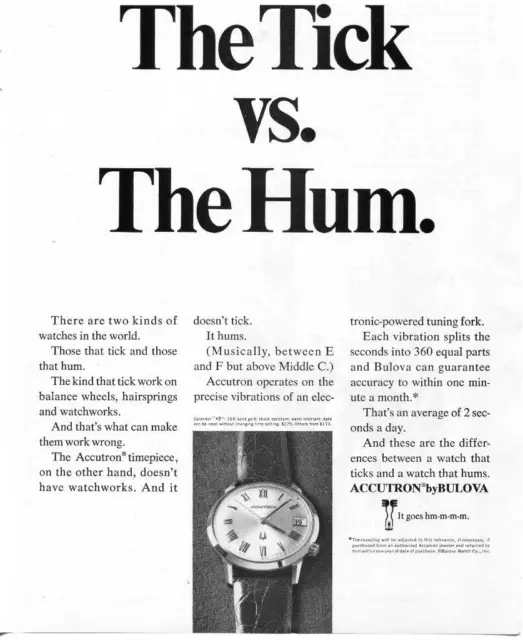 Vintage Bulova Watch Print "The Tick Vs. The Hum"- Fashion Print Ad For Watches