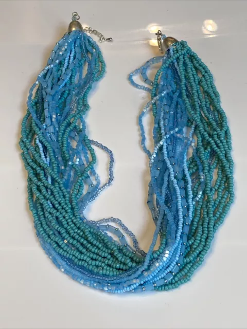 Glass Seed & Barrel Bead 25 Multi Strand Statement AQUA CARIBBEAN BLUES Necklace 3