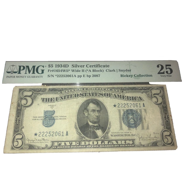 1934 D Five Dollar Silver Certificate $5 Bill Blue Seal