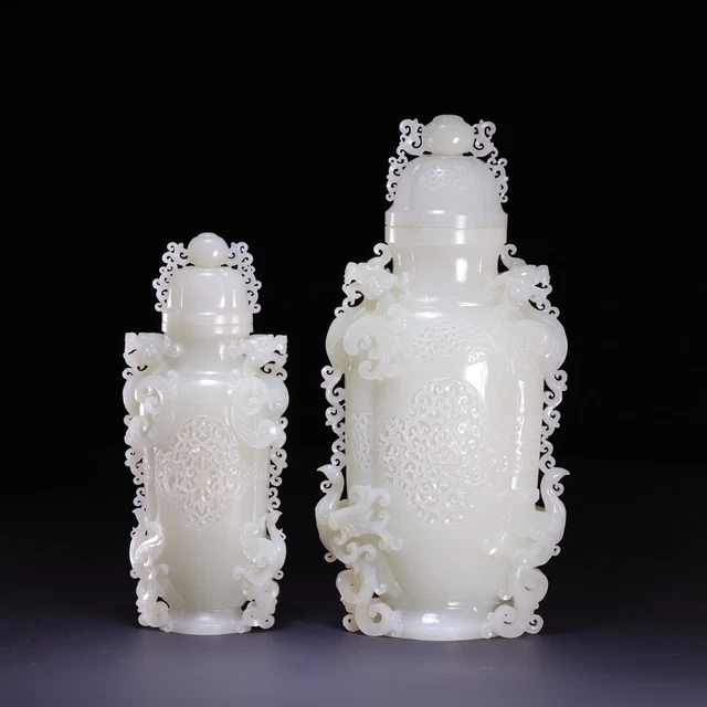 Chinese Exquisite Handmade Dragon and PHoenix Carving Hetian Jade Bottle Statue