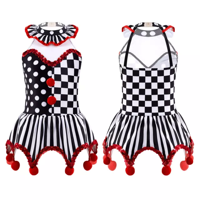 Kids Girls Halloween Circus Clown Costume Halter Neck Dress Cosplay Fancy Dress