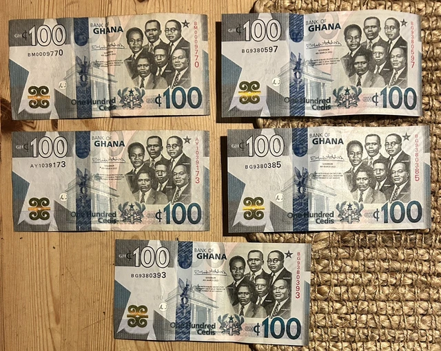 500 GHANAIAN CEDIS (x5 100GHC Bank of Ghana Banknotes) - used £40.38 ...