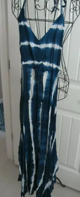 Blue & White Sleeveless Maxi Sundress/Cover-Up - High Side Slits - Small