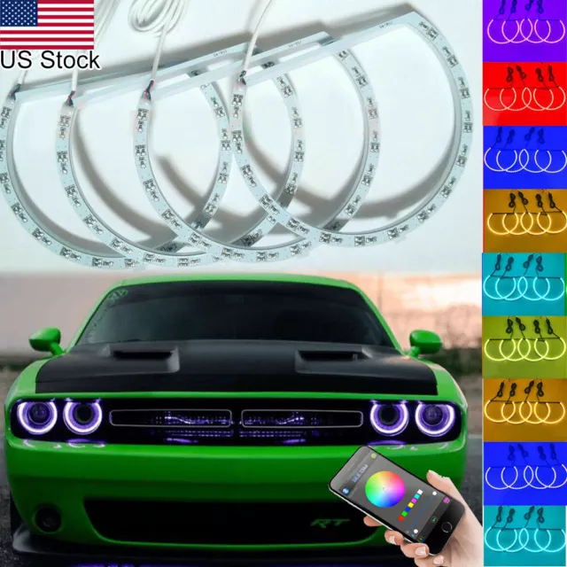 For Dodge Challenger 2008-2014 4x RGB Halo Rings Angel Eye DRL Phone App Control