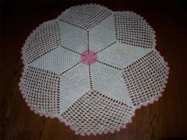 Vintage Crochet Lace Doily Star Ecru Off White & Cottage Pink Table Topper 20"