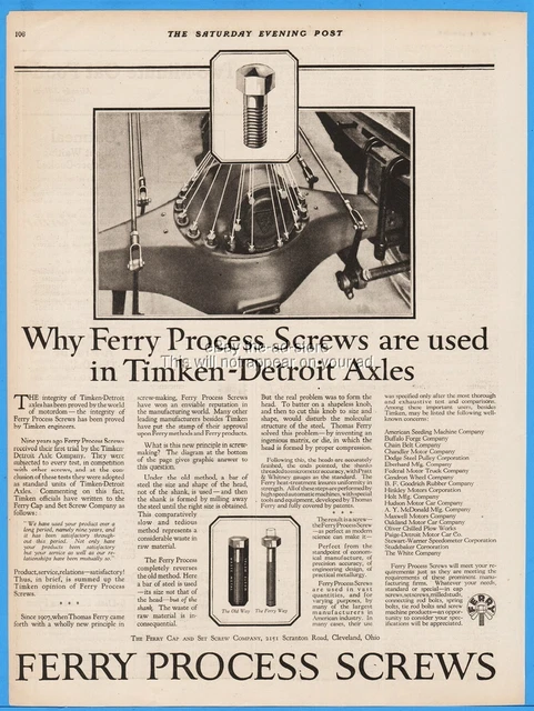 1920 Ferry Cap and Set Screw Co Cleveland Ohio Timken Detroit Axle photo ad