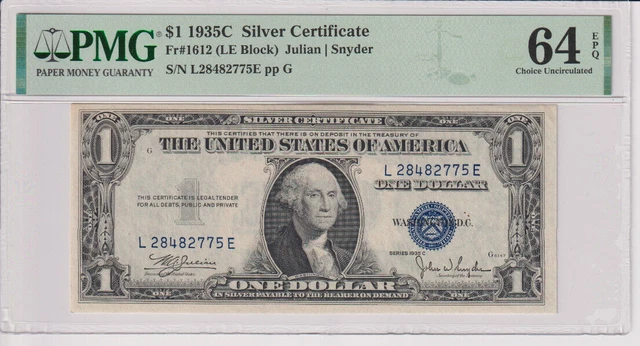 Fr 1612 1935C $1 SC L28482775E PMG 64EPQ CH CU 1935-C Silver Certificate
