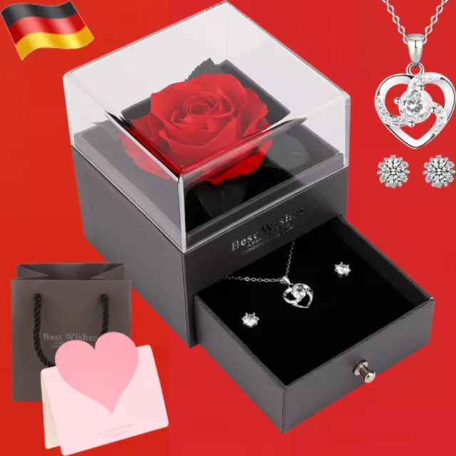 Ewige Echte Rose mit Herz Halskette & Ohrringe aus 925 Sterlingsilber Geschenke