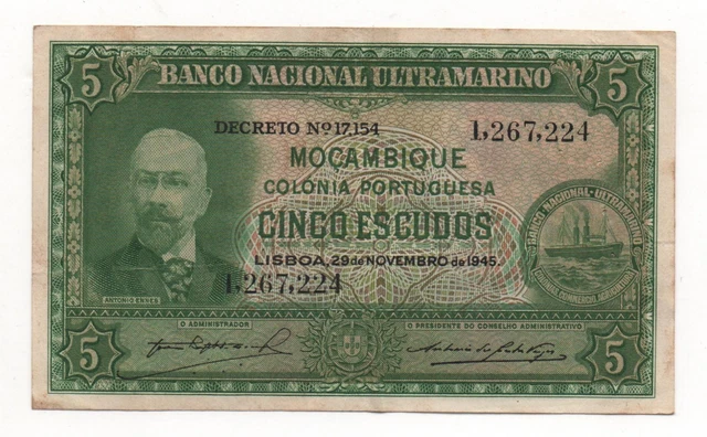 Mozambique Portugal 5 Escudos 1945 Pick 94 Look Scans 5 Pinholes