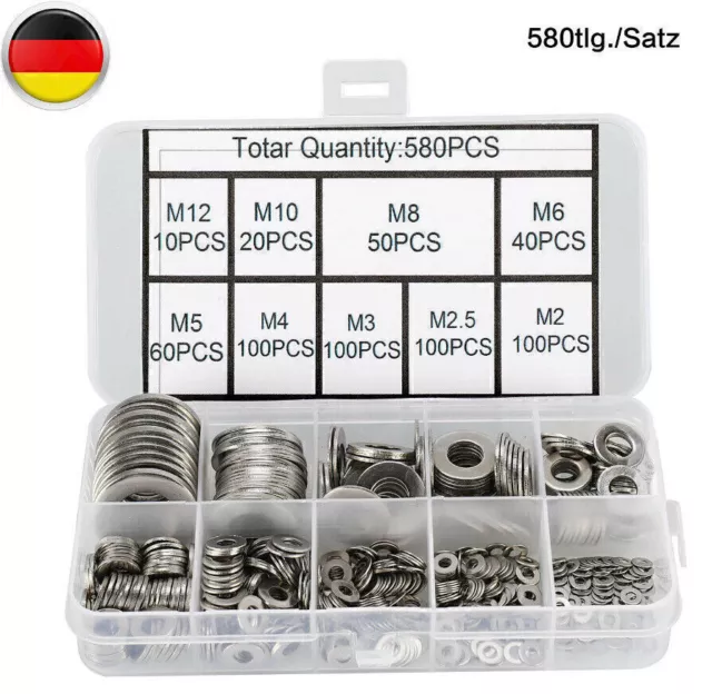 580 Teilig Sortiment Unterlegscheiben Edelstahl Beilagscheiben + BOX M2-M12 LOVE