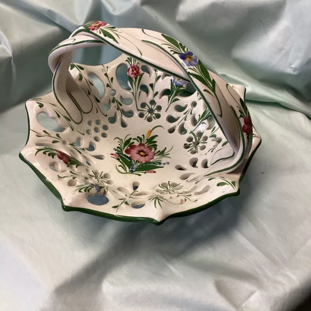 Vintage Hand Painted Porcelain Floral Basket Bowl with Handle Portugal - chipped