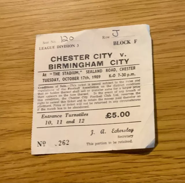 Chester City v Birmingham City Ticket Stub 27/10/1989 Division 3