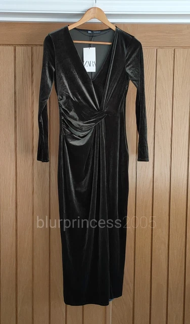 ZARA VELVET MIDI Dress Khaki Green With Gathered Knot Front Long S M L Dark  39.99 - PicClick UK