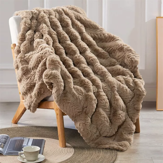 Tread Pattern Rabbit Faux Fur Throw Micromink Back Warm Plush Decorative Blanket