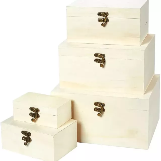 Set of 5 lightweight timber storage gift keepsake boxes, with metal hinges 2