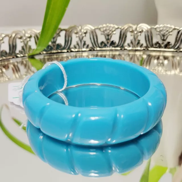 Vintage 80s Carved Blue Acrylic Bangle Bracelet