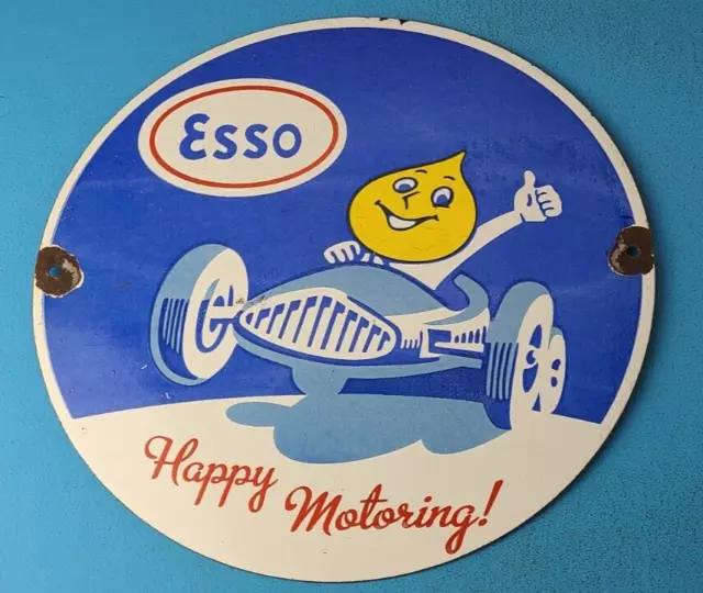 Vintage Esso Gasoline Porcelain Happy Motoring Service Station Oil Drop Boy Sign