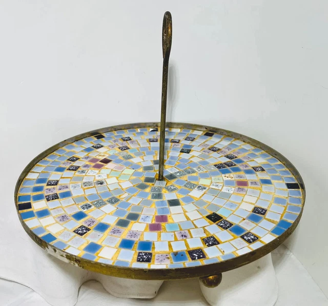 Vintage MCM Metal Ceramic Mosaic Tile Serving Tray Round Blue Purple
