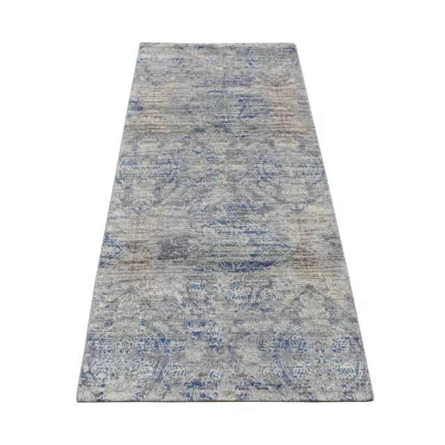 2'6"x6' Blue Silk with Wool Erased Rosette Design Hand Knotted Runner Rug R87337