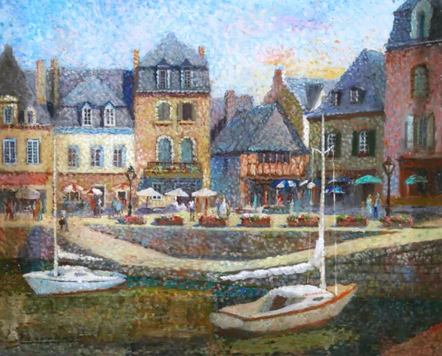 Tableau pointilliste paysage marine Bretagne port Auray Morbihan pointillisme