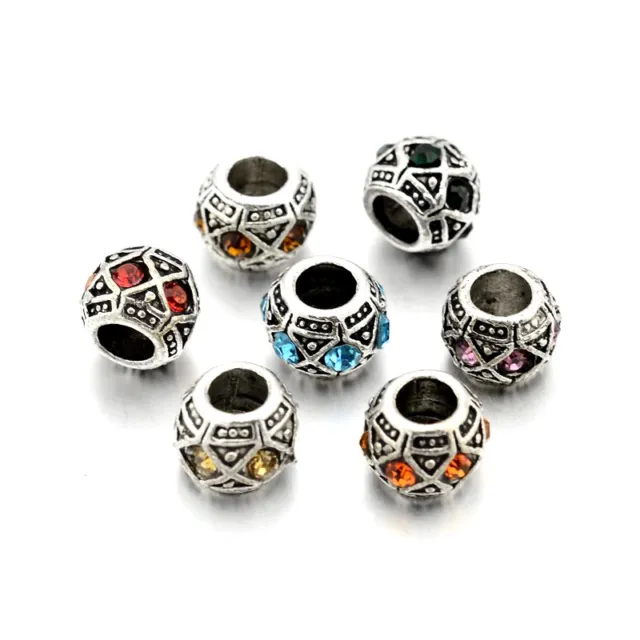 20PC Tibetan Silver Alloy Rhinestone European Beads Large Hole Charms Craft 10mm