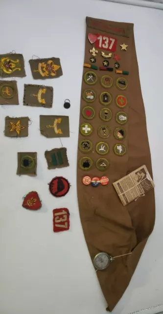 Vintage 30's/40s Boy Scouts of America Sash with patches, medals, a compass q1