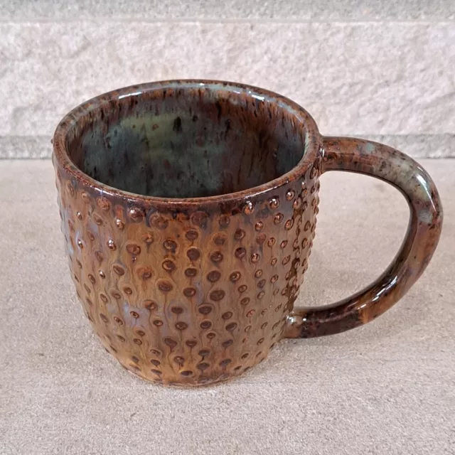 Studio Pottery Coffee Cup Mug 3D Textured Brown Green Blue Signed by Artist