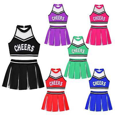 Kids Cheer-leading Uniform Dance Costume Girls Crop Top + Skirt Fancy Dress Up