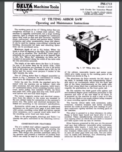 Delta 12 inch Tilting Arbor Table Saw Owner Parts manual 15 pages 1949 pm-1713