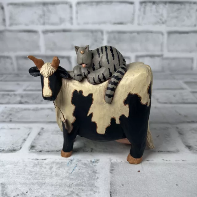 Cow with Cat Humor Brown & White Figurine Whimsical Farmhouse Gift