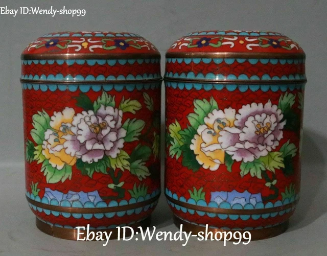 China Cloisonne Enamel Wealth Peony Flower Leaf Tank Pot Canister Jar Pair