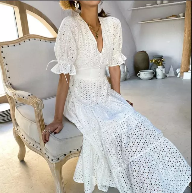 Women's Fashion Deep V Embroidery Cutout Puff Sleeves Flared Maxi Long Dress 926
