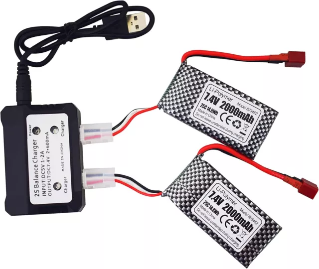 Lot de 2 batteries 7.4V 2000mAh avec prise en T et chargeur pour RC 9200, 9200E 2