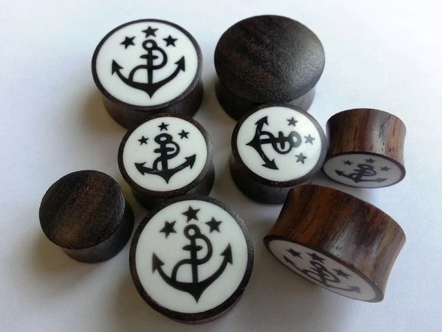 Pair Handmade Black Stars Anchor White Resin Sono Wood Saddle Ear Plugs Gauges