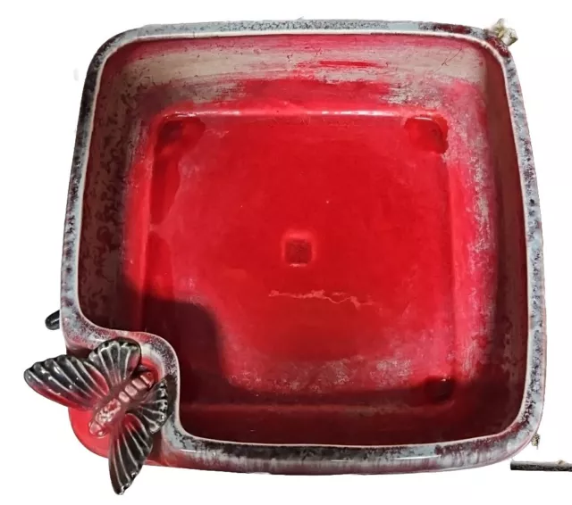 Red/Grey Shallow Ceramic 10"  sq Mid Century Planter Bowl Witk Moth on a Corner