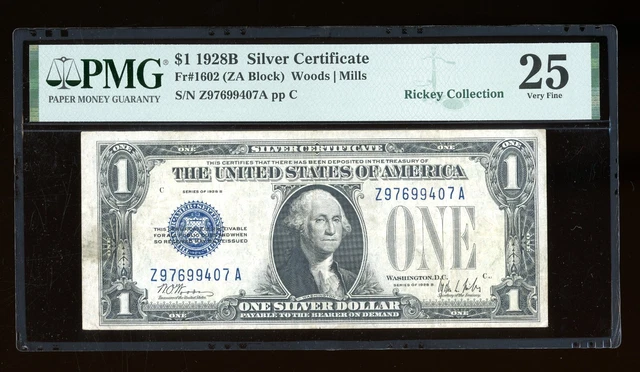 DBR 1928-B $1 Silver Funnyback Fr. 1602 ZA Block PMG 25 Serial Z97699407A