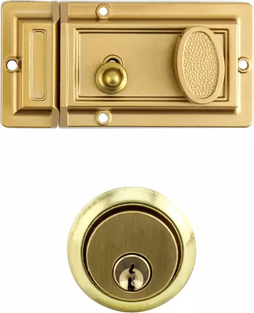 Night Latch Deadbolt Rim Lock with Key Gold Finish Antique Style Lock with Front 2