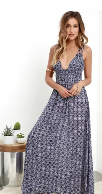 Lulu’s Field Day Navy Blue Print Tie-Strap Maxi Dress Size XS NWOT/Final Price