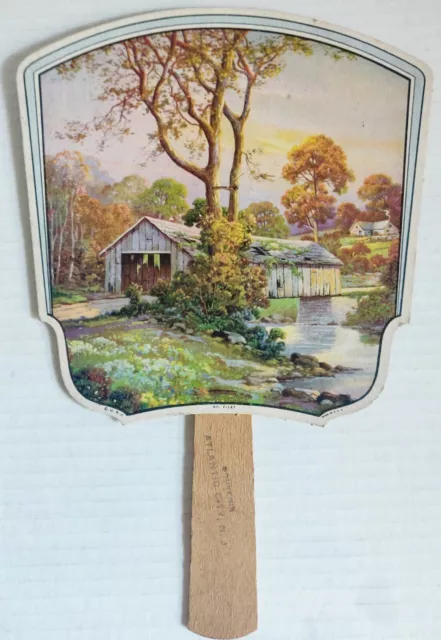 Vintage/Antique Advertising Paper Cardboard Hand Held Paddle Fan Covered Bridge