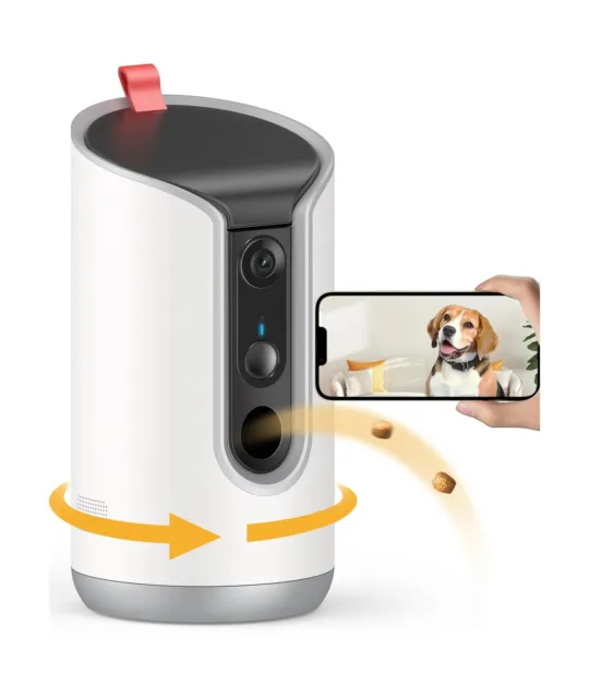 Dispensador de tratamiento para cámara para mascotas TKENPRO 2K, cámara de visión 360 ​​para perros con aplicación de teléfono,