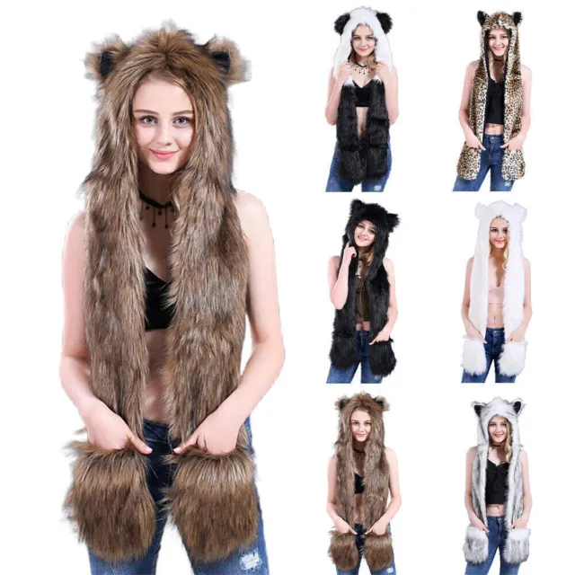 Winter Faux Fur Animal Ears Hat Gloves Mittens Scarf 3in1 Hood Warm Women Lady