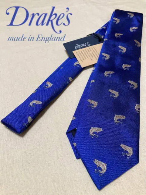 Drakes Genuine Unisex Silk 100 % Fish Blue Tie Necktie Handmade England Luxury